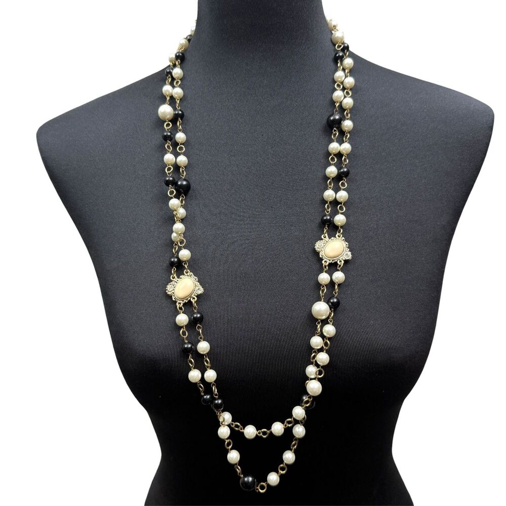 Long MultiStrand Faux Pearl Necklace Black White Gold Tone Statement Jewelry 33"